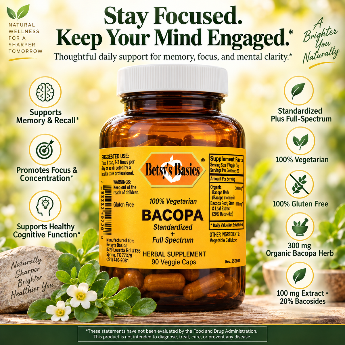Amber glass supplement bottle of Bacopa on a yellow-green background with key selling points