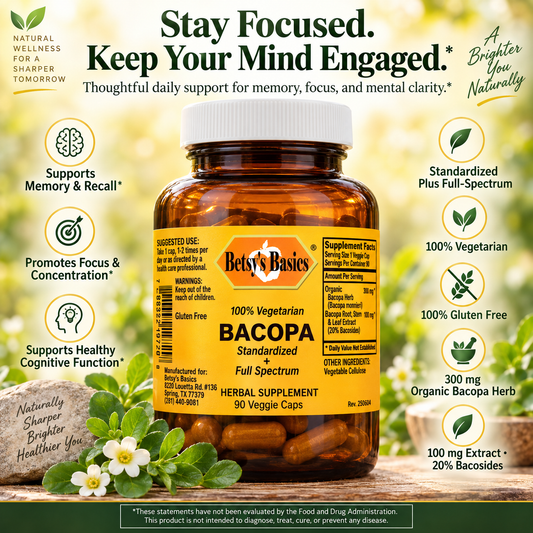 Amber glass supplement bottle of Bacopa on a yellow-green background with key selling points