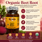 Betsy's Basics Organic Beet Root dietary supplement bottle shown on a decorative marketing graphic with beet roots, leaf greens, and text callouts about circulation, energy, and exercise support.