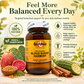 A bottle of Betsy's Basics Blood Sugar Harmony herbal supplement centered on a styled background with fruits, spices, and text callouts about wellness benefits.