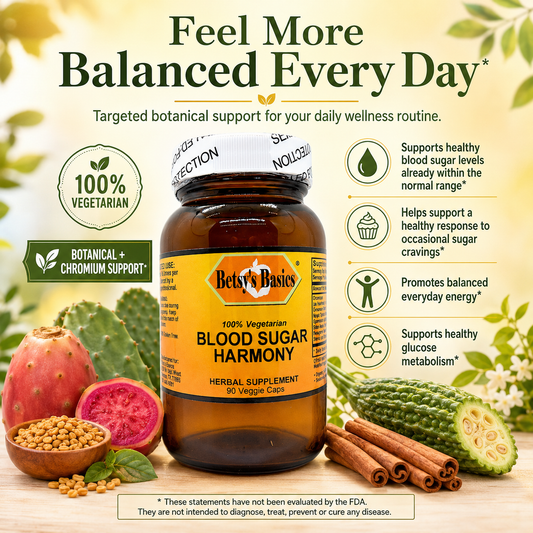 A bottle of Betsy's Basics Blood Sugar Harmony herbal supplement centered on a styled background with fruits, spices, and text callouts about wellness benefits.