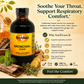 A bottle of Betsy's Basics Bronchial Syrup centered on a warm beige promotional background with herbs, honey, and text about throat and respiratory comfort support.