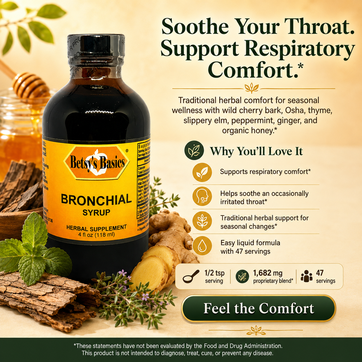 A bottle of Betsy's Basics Bronchial Syrup centered on a warm beige promotional background with herbs, honey, and text about throat and respiratory comfort support.