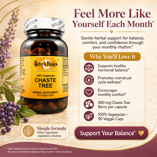 Betsy's Basics Chaste Tree herbal supplement bottle with a yellow label, surrounded by chaste tree leaves and purple berries on a beige background with promotional text.