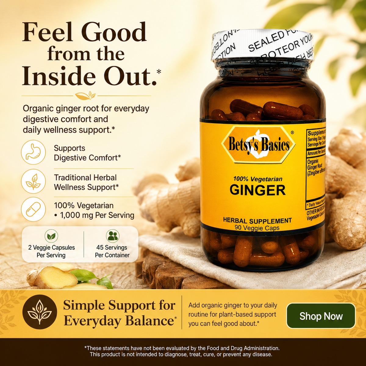 Glass supplement bottle with ginger in the background and key selling points