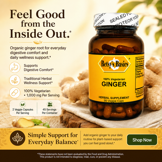 Glass supplement bottle with ginger in the background and key selling points