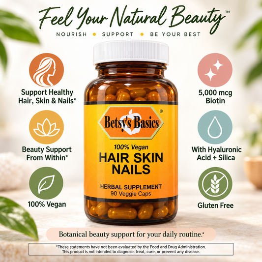 Betsy's Basics Hair Skin Nails herbal supplement bottle with a white cap and orange label, surrounded by feature callouts on a soft beige background with decorative leaves.