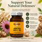 a bottle of Betsys Basics Immuno Well RX on a tan background with botanicals in the background and selling points listed beside the bottle