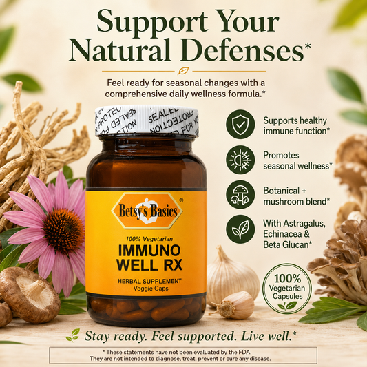 a bottle of Betsys Basics Immuno Well RX on a tan background with botanicals in the background and selling points listed beside the bottle