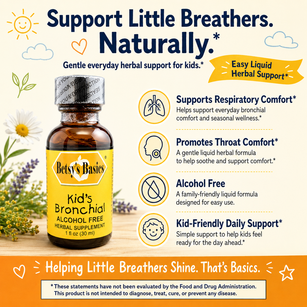 Betsy's Basics Kid's Bronchial herbal supplement bottle shown on a colorful promotional graphic with text callouts about respiratory and throat comfort, plus illustrations of flowers and a sun.