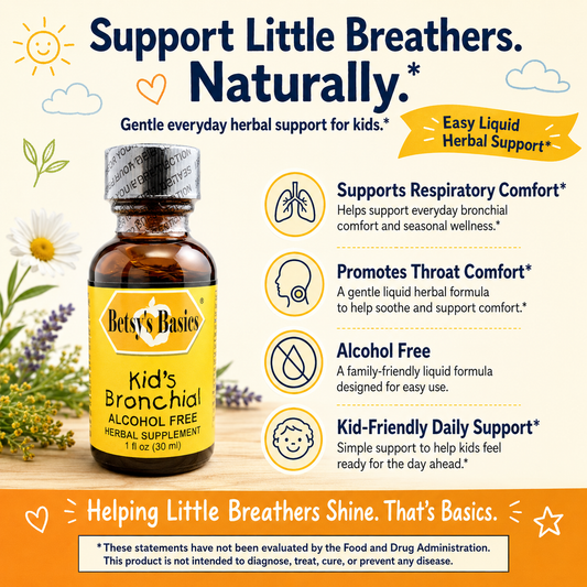 Betsy's Basics Kid's Bronchial herbal supplement bottle shown on a colorful promotional graphic with text callouts about respiratory and throat comfort, plus illustrations of flowers and a sun.