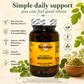 Betsy's Basics Moringa herbal supplement bottle with a yellow label, surrounded by green leaves, a small bowl of green powder, and marketing text on a light beige background.