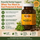 A bottle of Betsy's Basics Carvacol 70% Oregano Oil herbal supplement shown on a promotional graphic with fresh oregano leaves, capsules, and text highlighting immune, digestive, and overall wellness support.