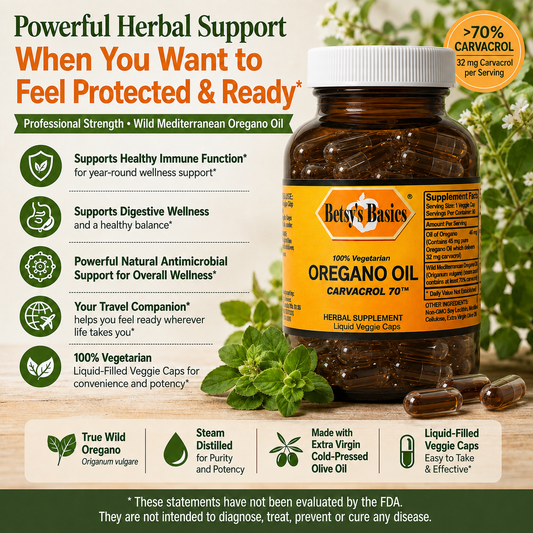 A bottle of Betsy's Basics Carvacol 70% Oregano Oil herbal supplement shown on a promotional graphic with fresh oregano leaves, capsules, and text highlighting immune, digestive, and overall wellness support.