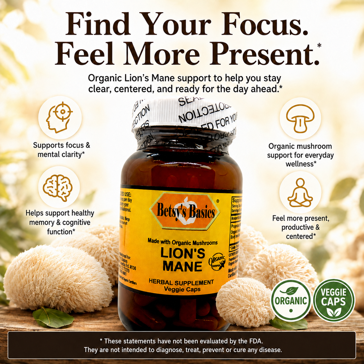 Bottle of Betsys Basics Organic Lions Mane on a background with lions mane mushrooms