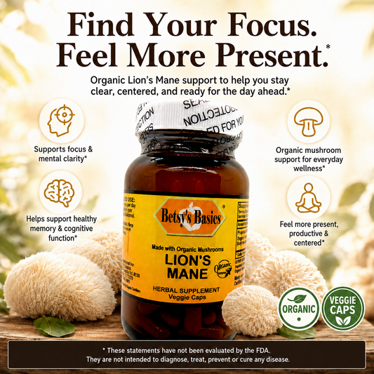 Bottle of Betsys Basics Organic Lions Mane on a background with lions mane mushrooms