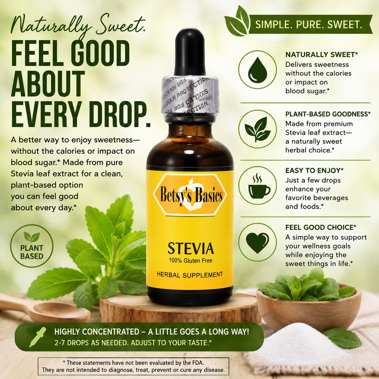 a bottle of Betsys Basics Stevia on a green background with stevia plant in the background and stating key selling points