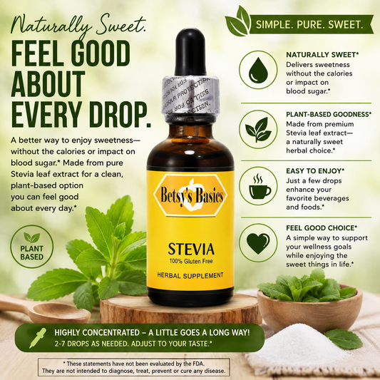 a bottle of Betsys Basics Stevia on a green background with stevia plant in the background and stating key selling points