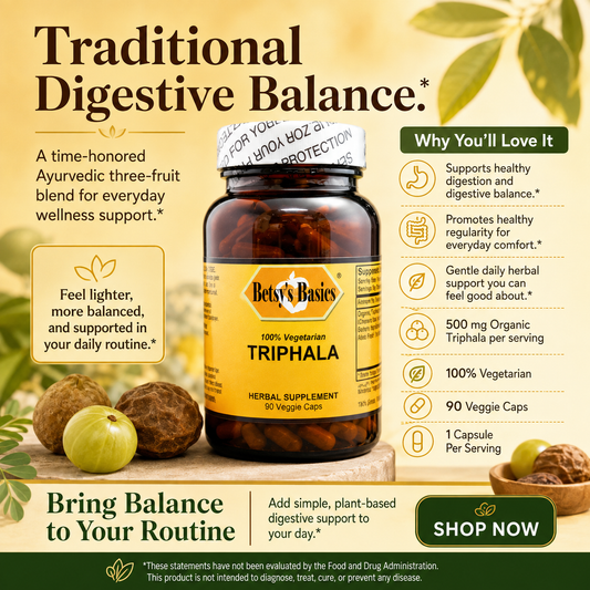 A promotional product graphic for Betty's Basics Triphala herbal supplement. The amber glass bottle is centered on a warm beige background with green leaves and whole fruits around it.