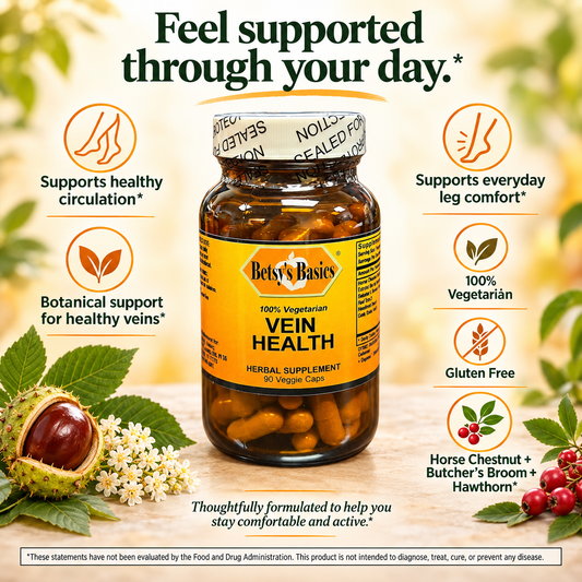 Supplement bottle in glass of Betsy's Basics Vein Health on a pale-yellow background with key selling point 