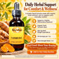 Betsys Basics Liquid Turmeric Supplement on a yellow background with turmeric root and call outs like organic fresh turmeric root and herb strength ration 1 to 1.5
