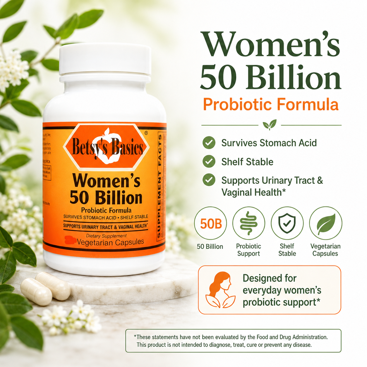 Betsy's Basics Women's 50 Billion Probiotic Formula supplement bottle on a white background with green leaves and white flowers, alongside product claims and icons.
