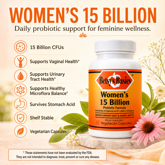 A bottle of Betsy's Basics Women's 15 Billion Probiotic dietary supplement displayed on a wooden pedestal with decorative flowers, alongside a list of claimed benefits on a light beige background.