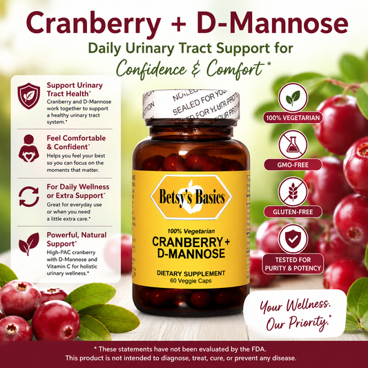 A bottle of Betsy's Basics Cranberry + D-Mannose dietary supplement centered on a white background with red cranberries around it and marketing text and icons on both sides.