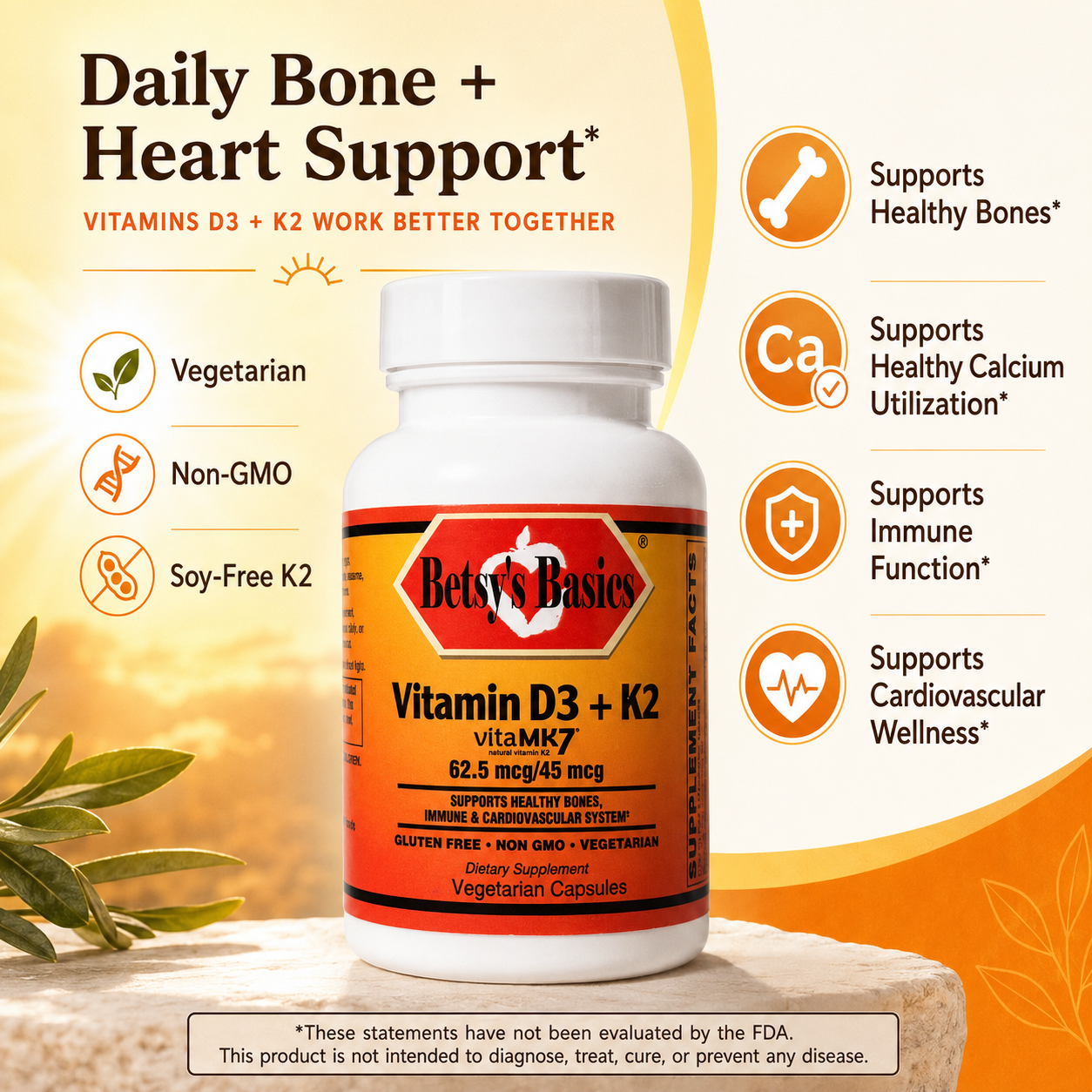 Betsys Basics Vitamin D3 62.5 mcg Plus K2 45 mcg for daily bone and heart support*