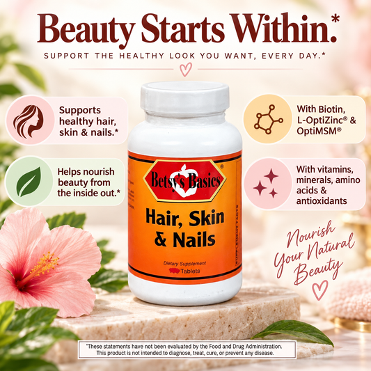 Bottle of Betsy's Basics Hair Skin and Nail product on a light background with key selling points