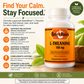 A bottle of Betsy's Basics L-Theanine 100 mg dietary supplement capsules on a white background, surrounded by a green promotional infographic with text and icons about relaxation, focus, stress response, and non-GMO qualities.