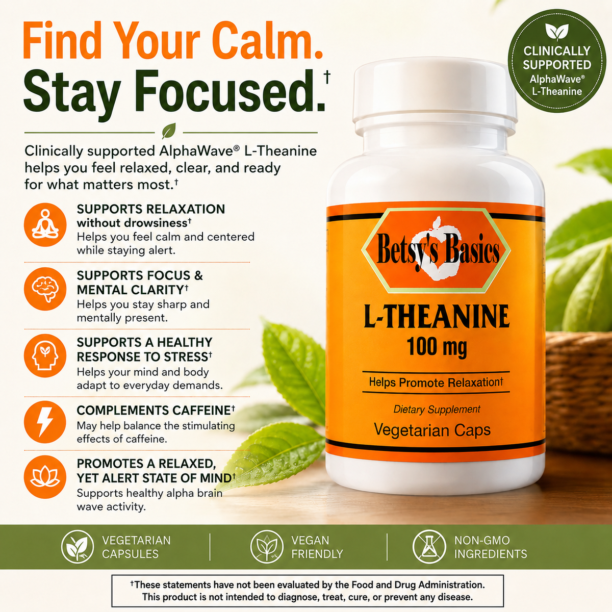 A bottle of Betsy's Basics L-Theanine 100 mg dietary supplement capsules on a white background, surrounded by a green promotional infographic with text and icons about relaxation, focus, stress response, and non-GMO qualities.