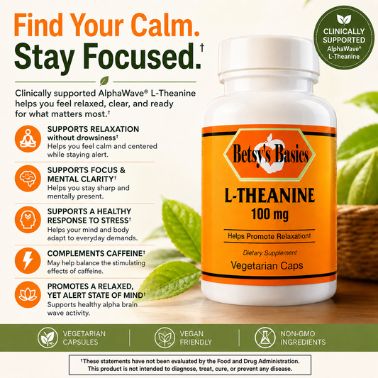 A bottle of Betsy's Basics L-Theanine 100 mg dietary supplement capsules on a white background, surrounded by a green promotional infographic with text and icons about relaxation, focus, stress response, and non-GMO qualities.