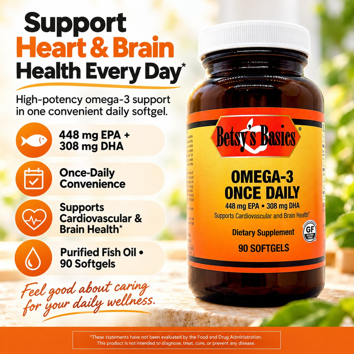 Betsy's Basics Omega-3 Once Daily bottle on a pale background with callouts like supports cardiovascular and brain health