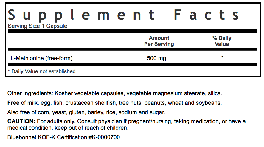 Bluebonnet Nutrition L-METHIONINE 500 MG Supplement Facts