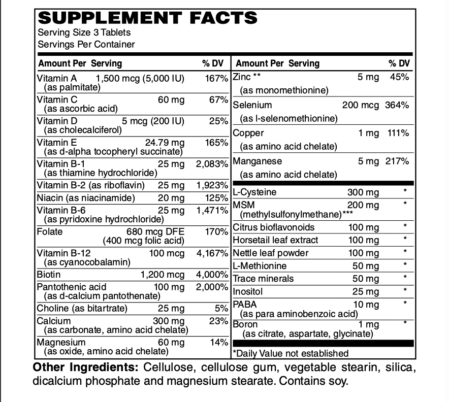 Betsy_s Basics Hair Skin and Nails Supplement Facts