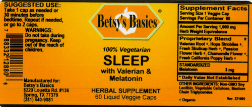 Betsy_s Basics Sleep With Valerian and Melatonin Liquid Veggie Caps Supplement Facts Label