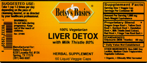 Betsy_s Basics Liver Detox with Milk Thistle 80 percent Liquid Veggie Caps Supplement Facts