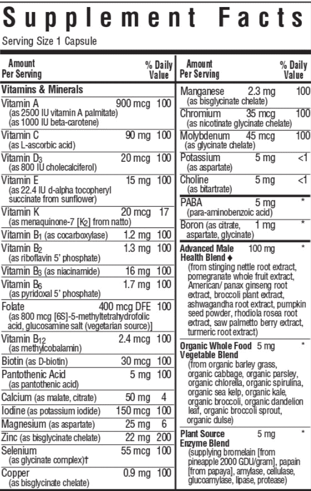 Bluebonnet Nutrition MEN’S ONE™ WHOLE FOOD-BASED MULTIPLE Supplement Facts 1 of 2