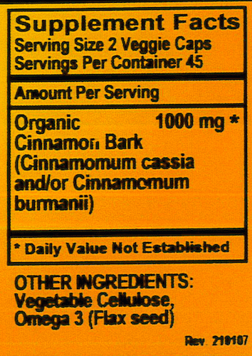 Betsy_s Basics Cinnamon 500 mg Powder Caps Supplement Facts