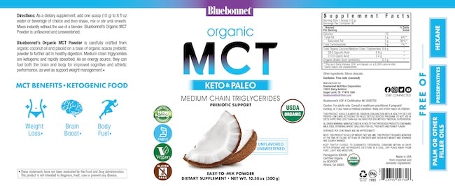 Bluebonnet Nutrition Organic MCT Supplement Facts