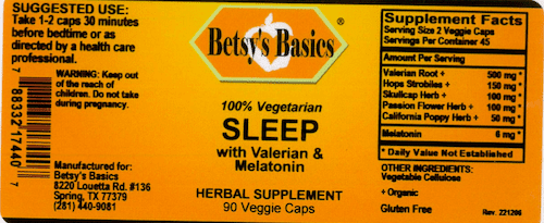Betsy_s Basics Sleep with Valerian and Melatonin Supplement Facts Label