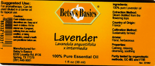 Betsy_s Basics Lavender Lavandula angustifolia x imtermedia Pure Essential Oil Product Label