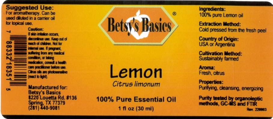 Betsy_s Basics Lemon Pure Essential Oil Label