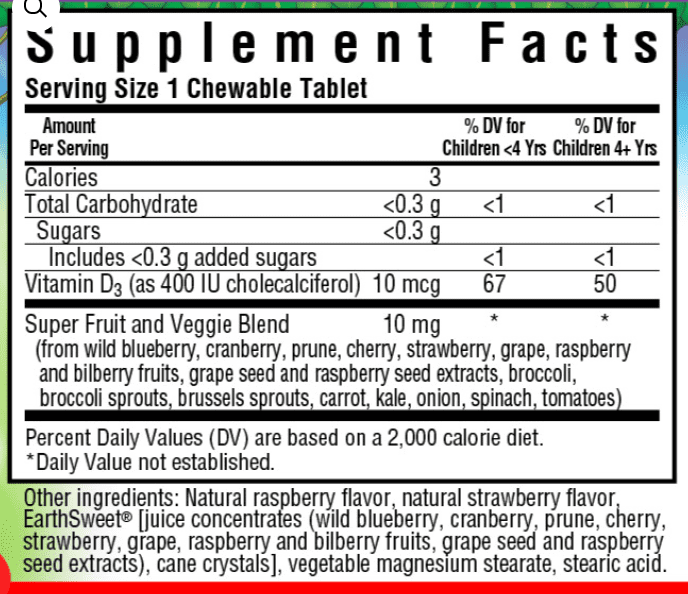 Bluebonnet Nutrition RAINFOREST ANIMALZ® VITAMIN D3 400 IU FOR CHILDREN MIXED BERRY FLAVOR Supplement Facts