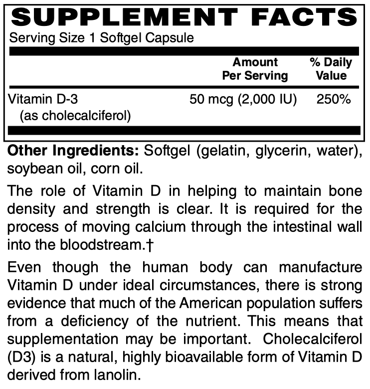Betsy_s Basics Vitamin D-3 2000 iu Supplement Facts