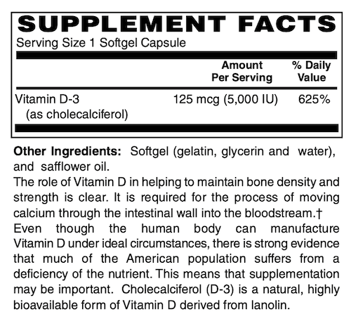 Betsy_s Basics Vitamin D3 5000 iu Supplement Facts