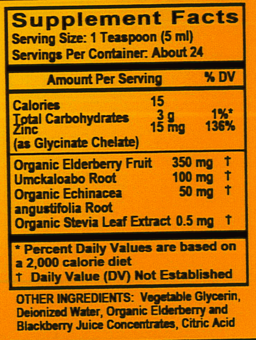 Betsy_s Basics Chelated Zinc Elderberry Umckaloabo Liquid Alcohol Free Supplement Facts