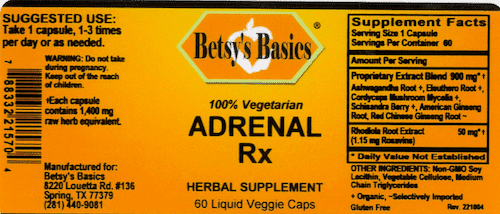Betsy_s Basics Adrenal Rx Liquid Veggie Caps Product Label