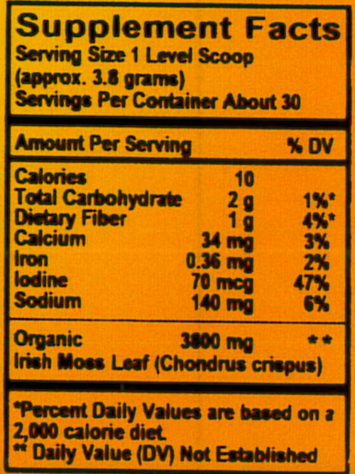 Betsy_s Basics Organic Irish Moss Powder Supplement Facts